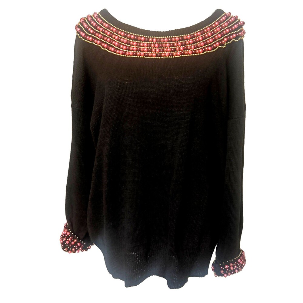 VTG Diana Marco Sweater Womens 18W Black Beaded Knit Cuffs Collar Trim READ